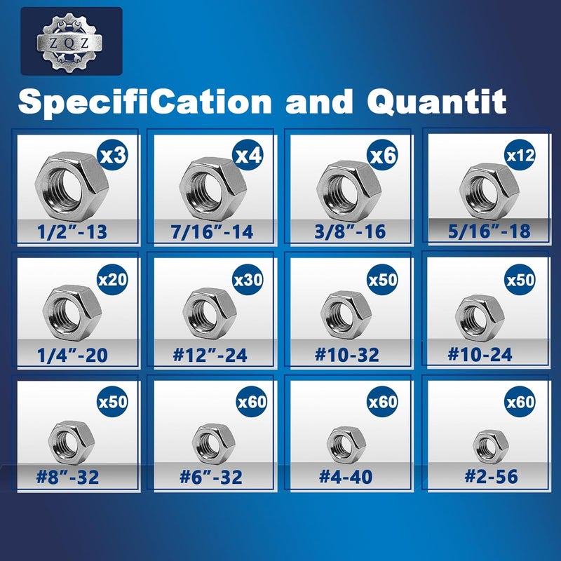 ZQZ 405 Pcs SAE Hex Nuts Assortment Kit #2-56#4-40#6-32#8-32#10-24#10-32#12-24 1/4"-20 5/16"-18 3/8"-16 7/16"-14 1/2"-13 Stainless Hex Nuts Set - Image 2